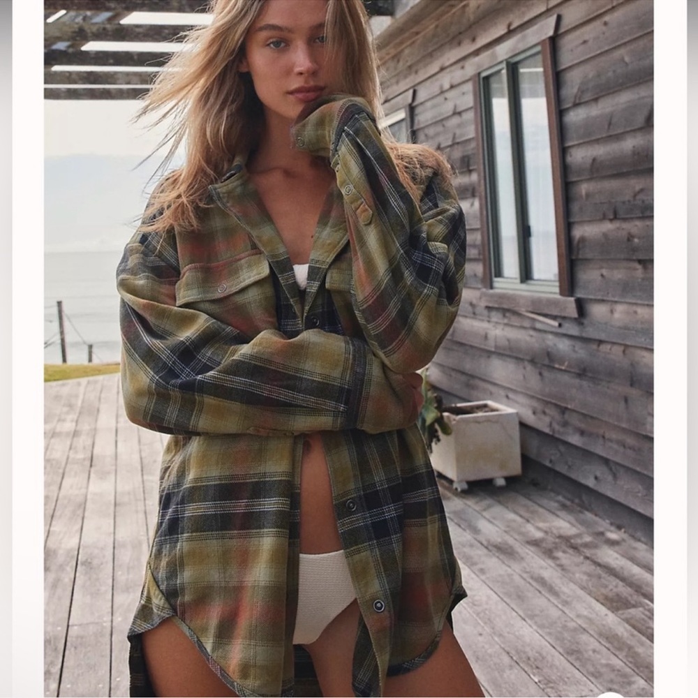 We The Free Olive Green Plaid Button-Down Shirt